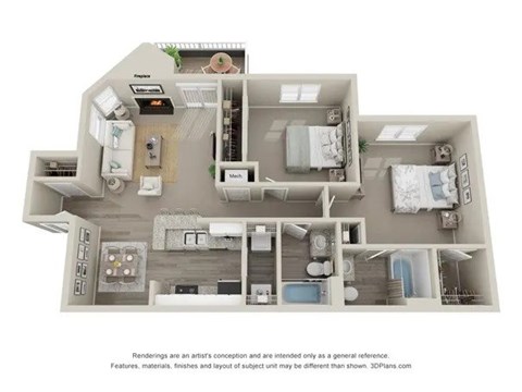 Floor plan for 1 bed, 1 bath, 687 sqft